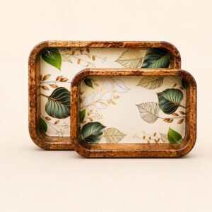 Daily Talks Mango Wood Rectangle Tray Set (2 Pcs) — Botanical Leaf (M35) — corporate gifting Chandigarh