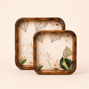 Daily Talks Mango Wood Square Tray Set (2 Pcs) — Botanical Leaf (M35) — corporate gifting Chandigarh
