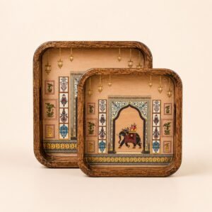 Daily Talks Mango Wood Square Tray Set (2 Pcs) — Rajasthani Elephant (M51) — corporate gifting Chandigarh