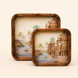 Daily Talks Mango Wood Square Tray Set (2 Pcs) — Udaipur Palace (M52) — corporate gifting Chandigarh