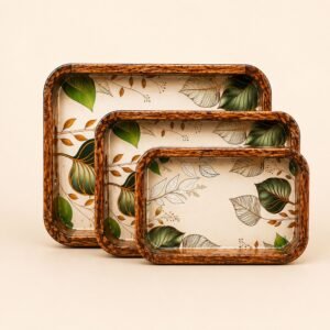 Daily Talks Mango Wood Rectangle Tray Set (3 Pcs) — Botanical Leaf (M35) — corporate gifting Chandigarh