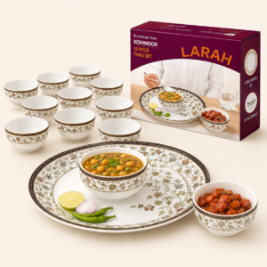 Larah Kohinoor 18-Piece Premium Thali Set (Full Plate & Veg Bowls) — Larah by Borosil opalware kohinoor set for corporate gifting