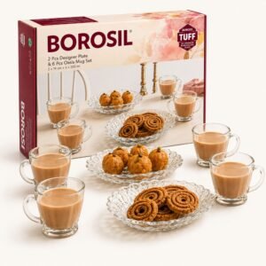 Borosil Designer Plate & Oasis Mug Set (8 Pcs) – TUFF Toughened Glass Corporate Diwali Gift | ChandigarhGifting.com