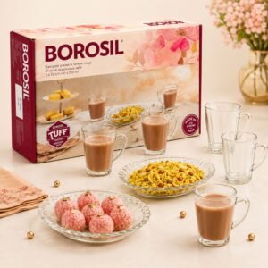 Borosil Designer Plate & Serene Mug Set (8 Pcs) – TUFF Toughened Glass Corporate Diwali Gift | ChandigarhGifting.com