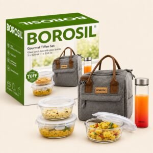 Borosil Gourmet Tiffin Set with Bottle (4 Pcs) – TUFF Toughened Glass Corporate Diwali Gift | ChandigarhGifting.com