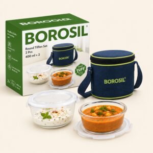 Borosil Round Tiffin Set (2 Pcs, 400ml) â€“ TUFF Toughened Glass Corporate Diwali Gift | ChandigarhGifting.com