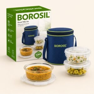 Borosil Round Tiffin Set, Carry Bag (3 Pcs, 400ml) â€“ TUFF Toughened Glass Corporate Diwali Gift | ChandigarhGifting.com