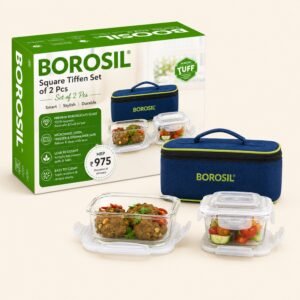 Borosil Square Tiffin Set, Shoulder-Strap Case (2 Pcs, 320ml) â€“ TUFF Toughened Glass Corporate Diwali Gift | ChandigarhGifting.com