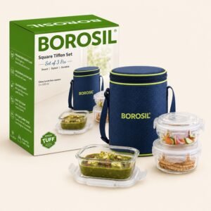 Borosil Square Tiffin Set, Carry Bag (3 Pcs, 320ml) â€“ TUFF Toughened Glass Corporate Diwali Gift | ChandigarhGifting.com