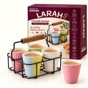 Larah by Borosil Colour Kulhad 6-Piece Set with Stand (20cl)