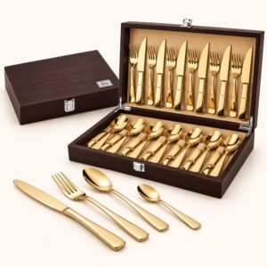FnS Auric 24-Pc PVD Gold Coated Cutlery Set - Wooden Box | Diwali Corporate Gift