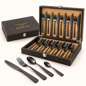 FnS Phoenix 24-Pc PVD Black Laser-Etched Cutlery Set - Wooden Box | Diwali Corporate Gift