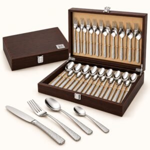 FnS Glister 24-Pc Steel Textured Handle Cutlery Set - Wooden Box | Diwali Corporate Gift