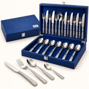 FnS Madrid 24-Pc Hammered Steel Cutlery Set - Wooden Box | Diwali Corporate Gift