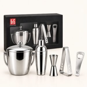 FnS Plain SS Mirror 5-Pc Bar Set - Ice Bucket + Shaker Set | Diwali Corporate Gift