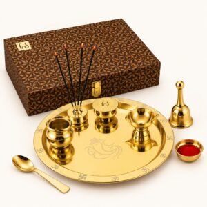 FnS Vandan Gold 7-Pc Pooja Thali Set - Leatherette Box | Diwali Corporate Gift